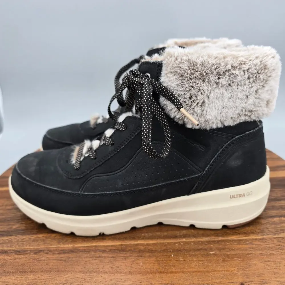 Skechers Boots Womens 9 Black Zip Lace Up Faux Fur Lined On The Go Ankle Booties